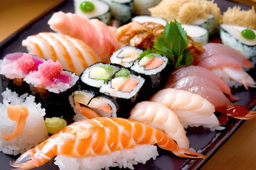 Assorted sushi nigiri and maki set. A variety of Japanese sushi.
