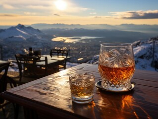 A glass of whiskey with ice cubes on the background of the Alps. 