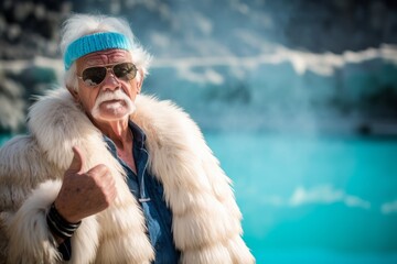 Photography in the style of pensive portraiture of a blissful old man thumb up donning an extravagant feather boa at the blue lagoon in reykjavik iceland. With generative AI technology