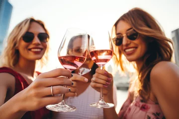 Cercles muraux Aube Group of happy female friends celebrating holiday clinking glasses of rose wine in Dubai