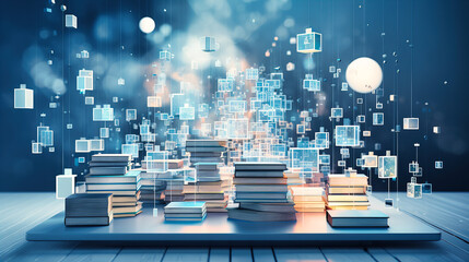 Digital clouds raining knowledge in the form of book icons, videos, and quizzes. in the style of intertwined networks - obrazy, fototapety, plakaty