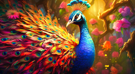 Experience the vivid allure of a peacock captured in an art print, its vibrant plumage a mesmerizing display of nature's palette