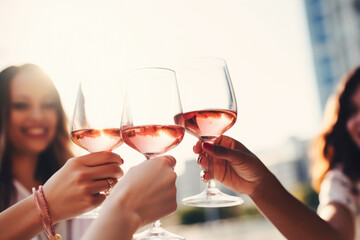 Group of happy female friends celebrating holiday clinking glasses of rose wine in Dubai
