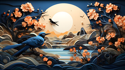 3d illustration of Mid-Autumn Festival fantasy landscape with moon and castle in paper cut style