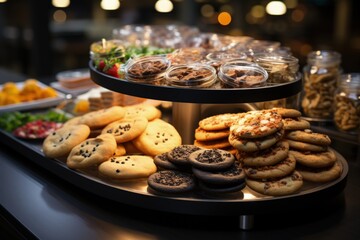 Closeup of assorted cookies in glass jars on a tray in a restaurant.  - obrazy, fototapety, plakaty