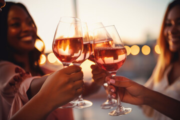 Group of happy female friends celebrating holiday clinking glasses of rose wine in Dubai