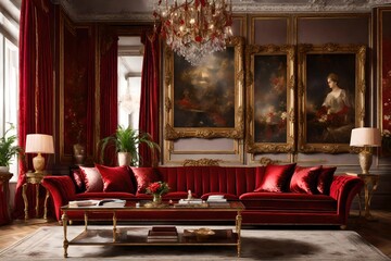 Fototapeta na wymiar interior of a restaurant ,Deluxe classic style living room interior upholstered with red velvet, large sofa, ceramic, plants and decorative painting