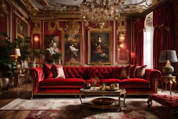 Fototapeta na wymiar interior of a restaurant ,Deluxe classic style living room interior upholstered with red velvet, large sofa, ceramic, plants and decorative painting