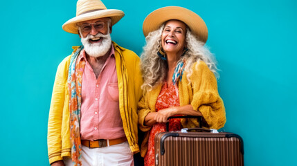 Happy seniors couple on travel holidays. Joyful elderly couple with suitcases in blue background. Joyful elderly couple with suitcases posing in blue background. Generative Ai