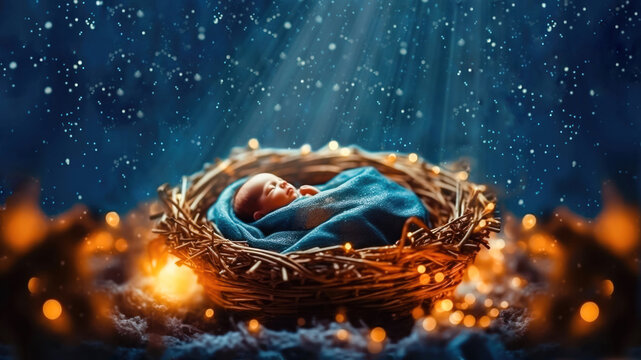 Divine Radiance: Baby Jesus in Vine-Woven Manger, Illuminated by Mystical Light - Generative AI
