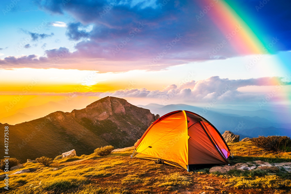 Wall mural ai generated image of tent on the top mountain with rainbow view