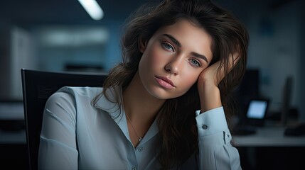 A close-up of a model's face, showing the exhaustion of a long workday, with blurred office equipment in the backdrop