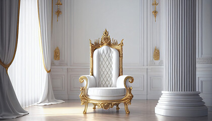 The Throne Room with Gold royal chair on a white background of white curtains. Place for the king. Throne, classic chair in the room, Ai generated image