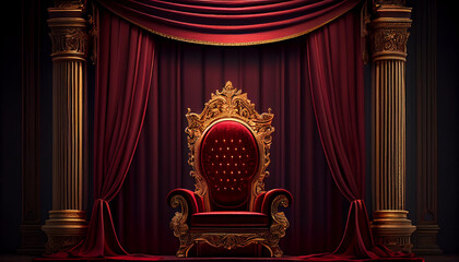 The Throne Room with Gold royal chair on a white background of red curtains. Place for the king. Throne, luxury armchair,  Ai generated image