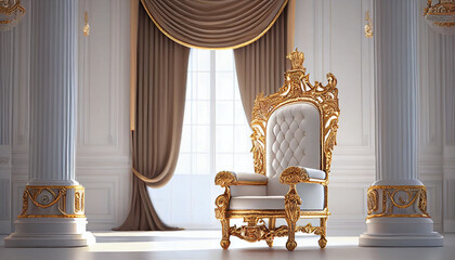 The Throne Room with Gold royal chair on a white background of white curtains. Place for the king. Throne, classic chair in the room, Ai generated image