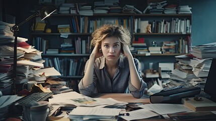 Depict a model against the backdrop of a cluttered desk, the fatigue of multitasking evident in their posture
