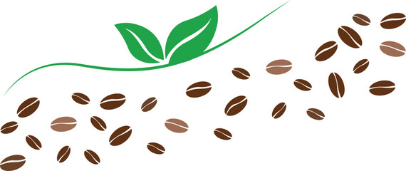 Coffee beans with leaf banner, vector set of coffee beans
