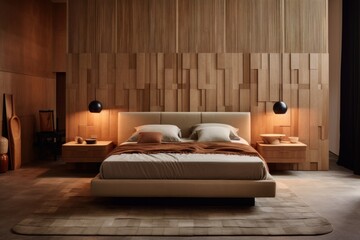 sleek bedroom, interior design details of luxurious natural furnished bedroom. Designer bedroom and living area in residential home
