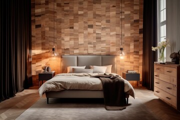 sleek bedroom, interior design details of luxurious natural furnished bedroom. Designer bedroom and living area in residential home