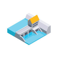 Isometric hydroelectric power station set of isolated icons with various industrial factory buildings on blank background