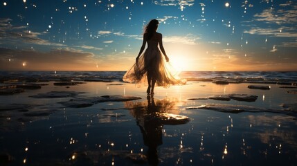 Woman dancing in a dress at sunset, rain falling on the beach - obrazy, fototapety, plakaty