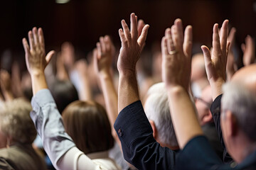 At a professional business seminar, a diverse audience raises their hands in an important decision. - obrazy, fototapety, plakaty