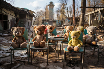 Abandoned teddy bears in dilapidated building reflecting time's passage