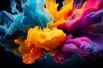 Vibrant paint explosion color splash on black backdrop in abstract art composition