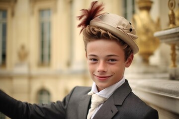 Close-up portrait photography of a cheerful boy in his 20s saluting showing off a fancy fascinator at the palace of versailles in versailles france. With generative AI technology