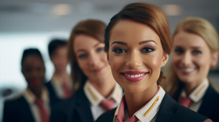 Obraz premium Group of smiling stewardess cabin crew. Friendly service travel concept
