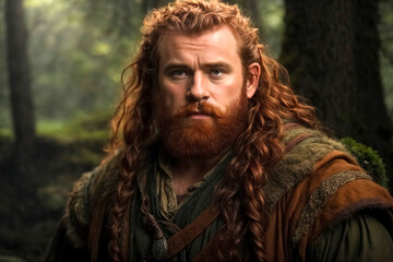 Obraz premium Young red-haired dwarf druid with a red beard stands in the forest with a serious look.
