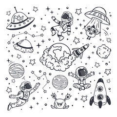  set of cosmos in doodle style: astronaut, planets, stars, ufo, rocket and alien, monster for design. Science space exploration. 