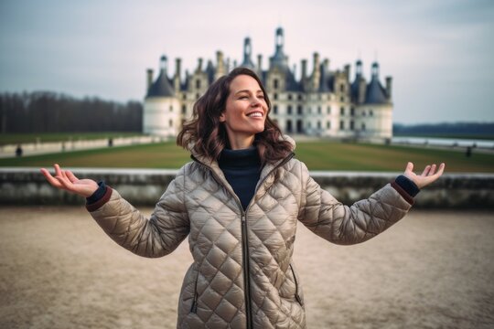 Medium shot portrait photography of a tender girl in her 30s raising arms sporting a quilted insulated jacket at the chateau de chambord in chambord france. With generative AI technology