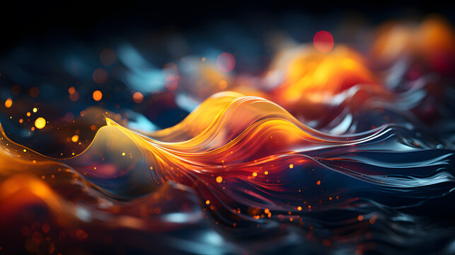 Abstract 3d rendering of water surface with golden bokeh.