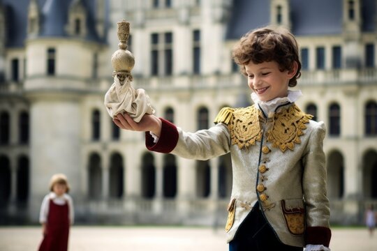 Medium shot portrait photography of a glad boy in his 30s miming a 'talking' hand puppet donning a sparkling tiara at the chateau de chambord in chambord france. With generative AI technology