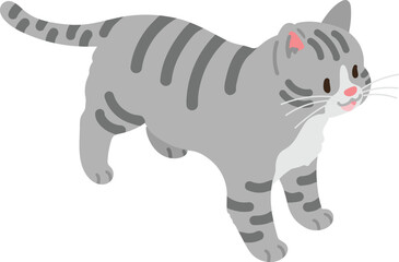 Simple and adorable illustration of grey tabby cat smiling top view flat colored