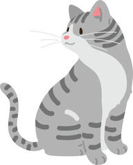 Simple and adorable illustration of grey tabby cat sitting looking sideways flat colored