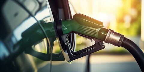 refueling pistol in the gas tank of a car at a gas station.   - obrazy, fototapety, plakaty