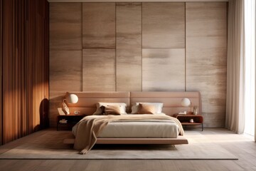 Lavish Bedroom with Designer Furniture, High Ceilings, and Elegant Decorative Accents..Wood accents and natural light