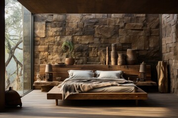 Lavish Bedroom with Designer Furniture, High Ceilings, and Elegant Decorative Accents..Wood accents and natural light