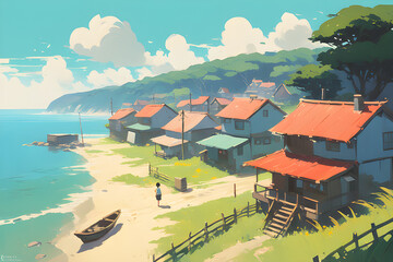 Fototapeta premium village on the lake. Generative AI 