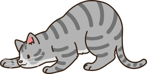 Fototapeta na wymiar Simple and adorable illustration of grey tabby cat playing and hunting