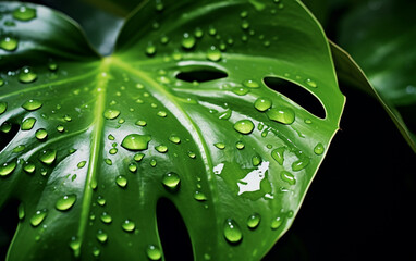 Water drops on Monstera leaf, nature background
