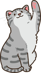 Simple and adorable illustration of grey tabby cat playing raising paw