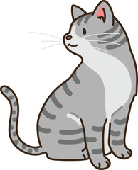 Simple and adorable illustration of grey cat sitting looking sideways