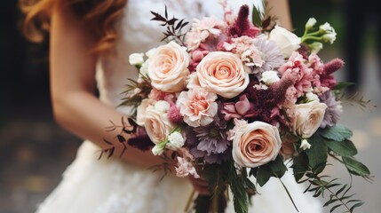 Wedding bouquet in hands of the bride. Wedding day.  Wedding concept with copy space.