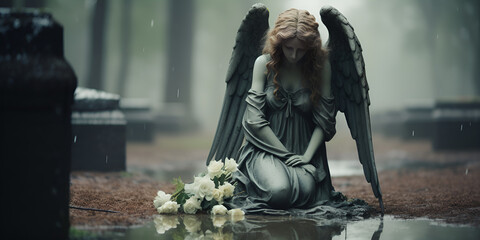 More than 100 years old statue. cemetery located in north italy, Angel weeping at gravestone,  picture of statue in park Sad Holy angel architecture, generative AI - obrazy, fototapety, plakaty
