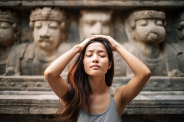 Headshot portrait photography of a blissful girl in her 30s doing a facepalm showing off a cute crop top at the mausoleum of the first qin emperor in xian china. With generative AI technology