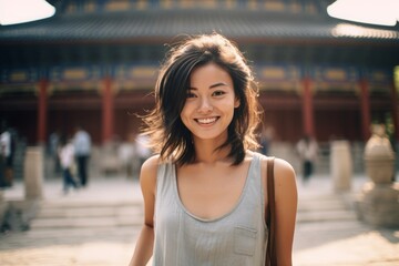 Fototapeta premium Headshot portrait photography of a joyful girl in her 30s hand on heart donning a trendy cropped top at the mausoleum of the first qin emperor in xian china. With generative AI technology
