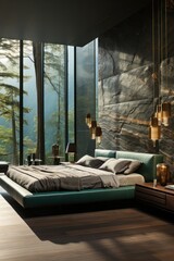 Generous Bedroom Retreat, Combining Chic Elegance, Inviting Hardwood Floors, Wood Walls, and Soft Green Tones